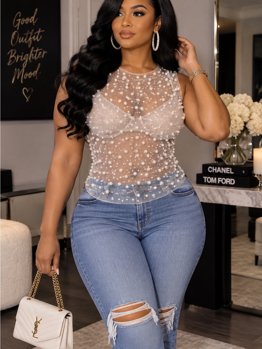 Pearl-Appliqué Sheer Camisole Tank Top - White